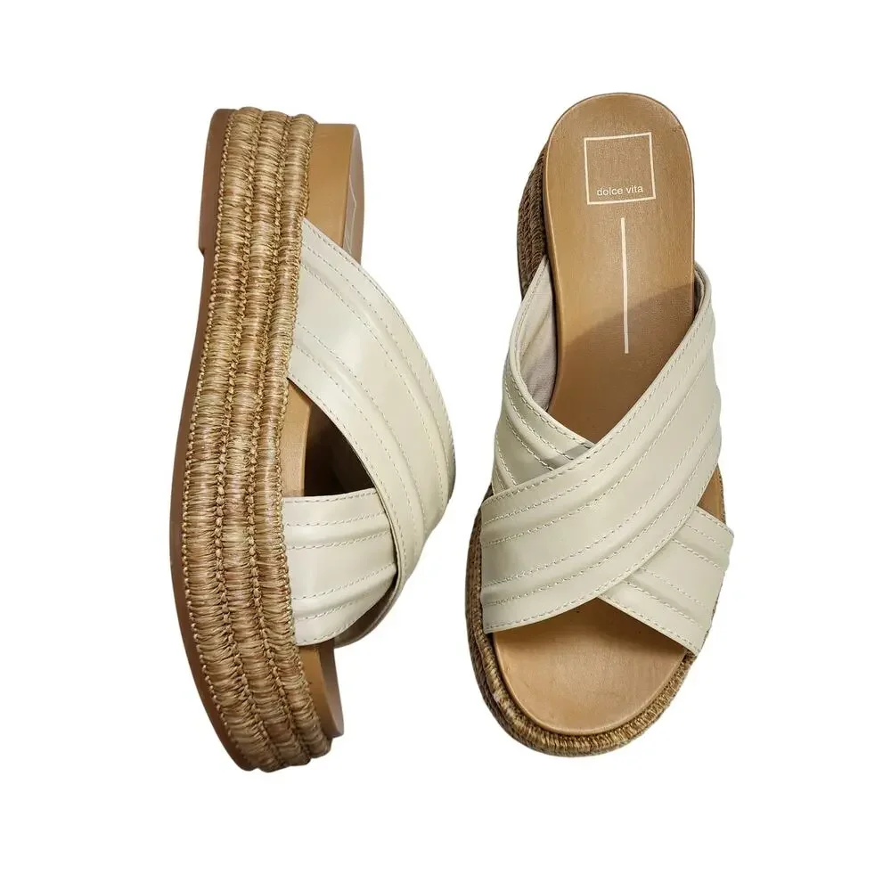 Dolce Vita Womens‎ Weslee Sandals Size 10 Ivory Raffia Platform Slip On Slides